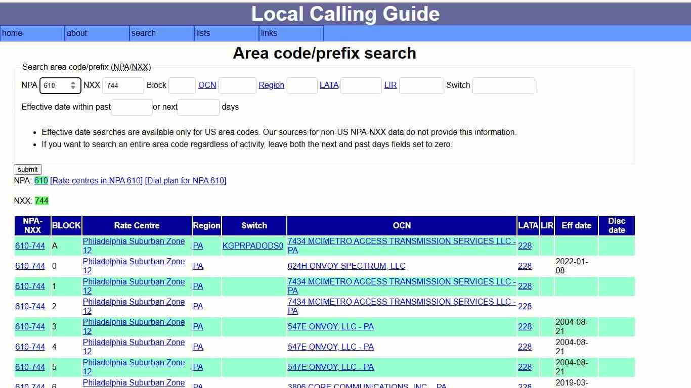 Local calling guide: NPA-NXX search